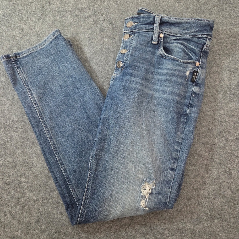 Silver Jeans Co Suki Straight Medium Wash Distressed Button Fly Jeans W31 L29